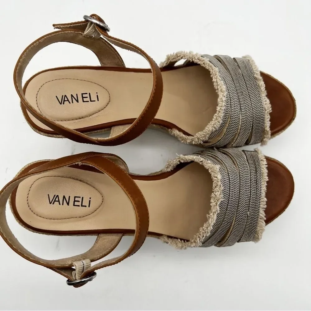 Vaneli Caila Tan Natural Canvas Silver Beaded Espadrille Wedge Boho Sandal 9.5